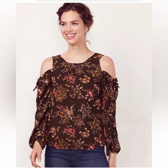 LAUREN Conrad XS Floral ColdShoulder Back ButtonUp Top Brown Floral pat… - Picture 13 of 13